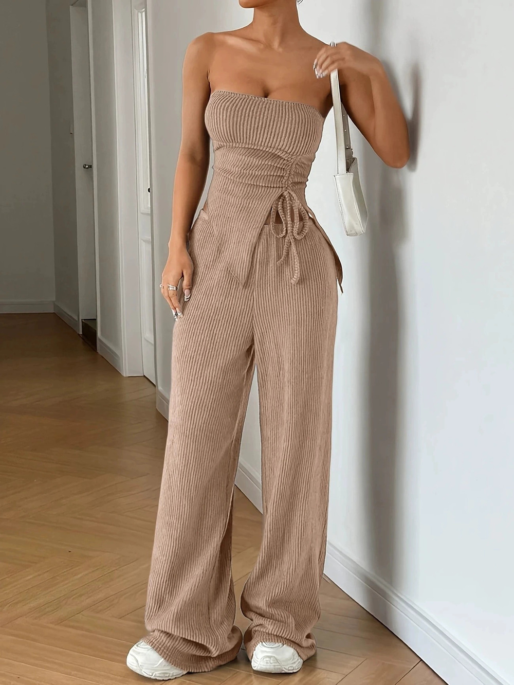 ZARA Summer Business Casual Two Piece Set Sleeveless Ribbed Tie Top
